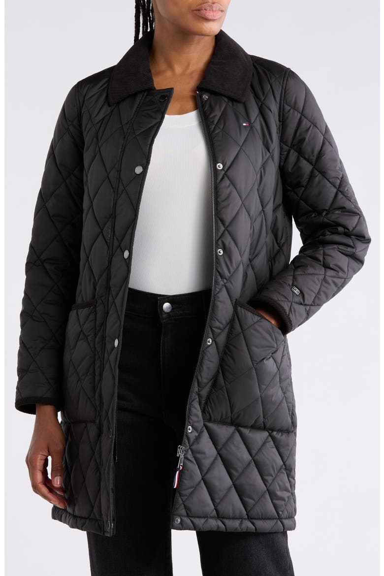 Faux Fur Collar Quilted Coat, Main, color, BROWN CHECK