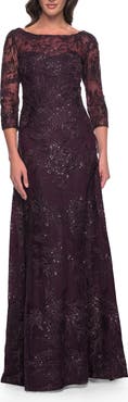 La Femme Beautiful Lace Mother of the Bride Dress with Illusion Neckline