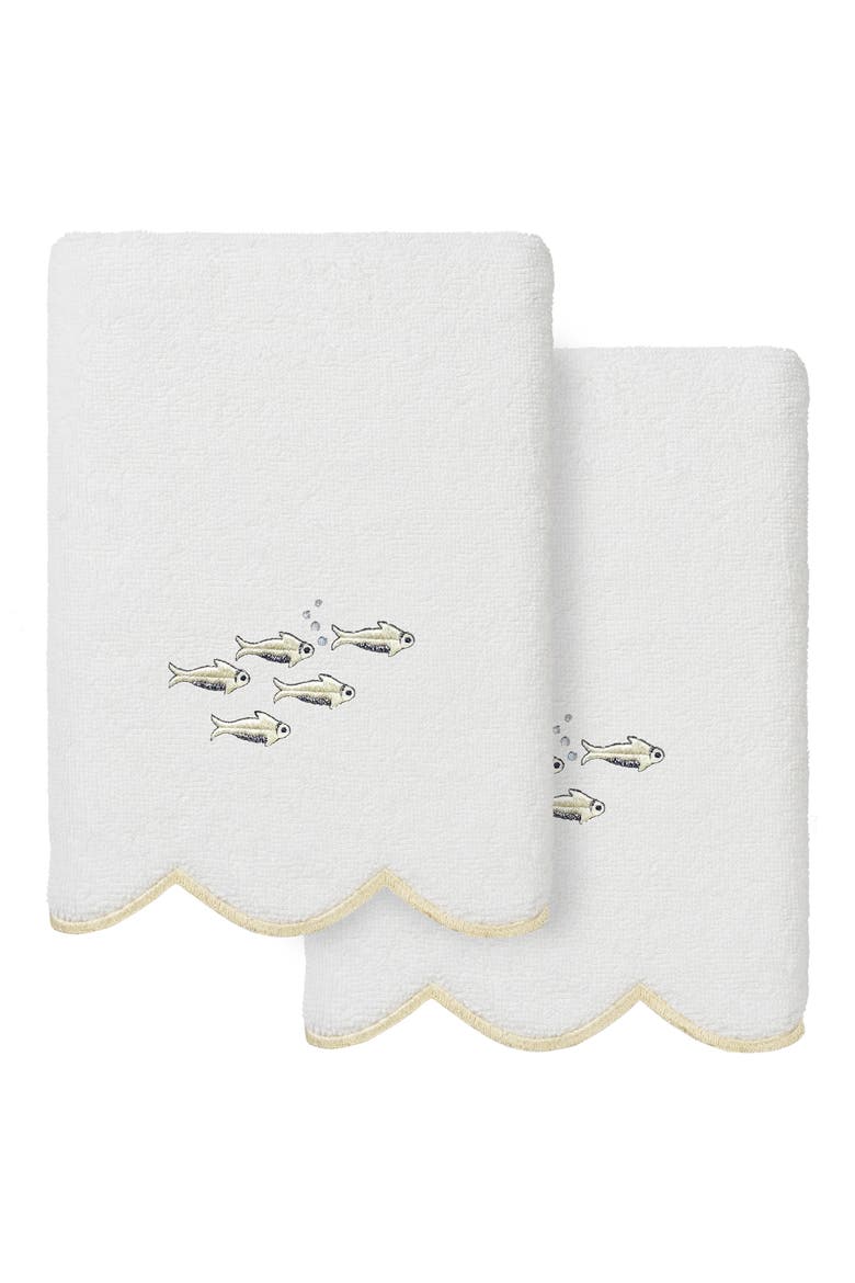 2-Piece Fish School Embroidered Turkish Cotton Hand Towel Set, Main, color, WHITE/ BEIGE