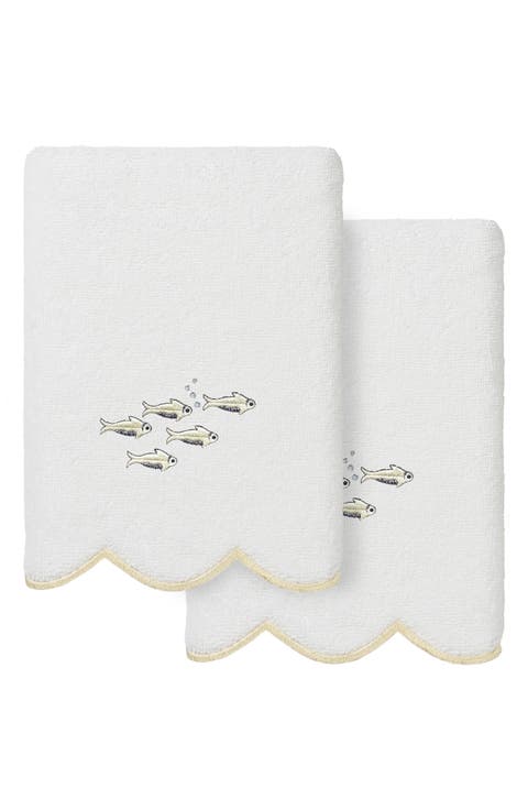 2-Piece Fish School Embroidered Turkish Cotton Hand Towel Set