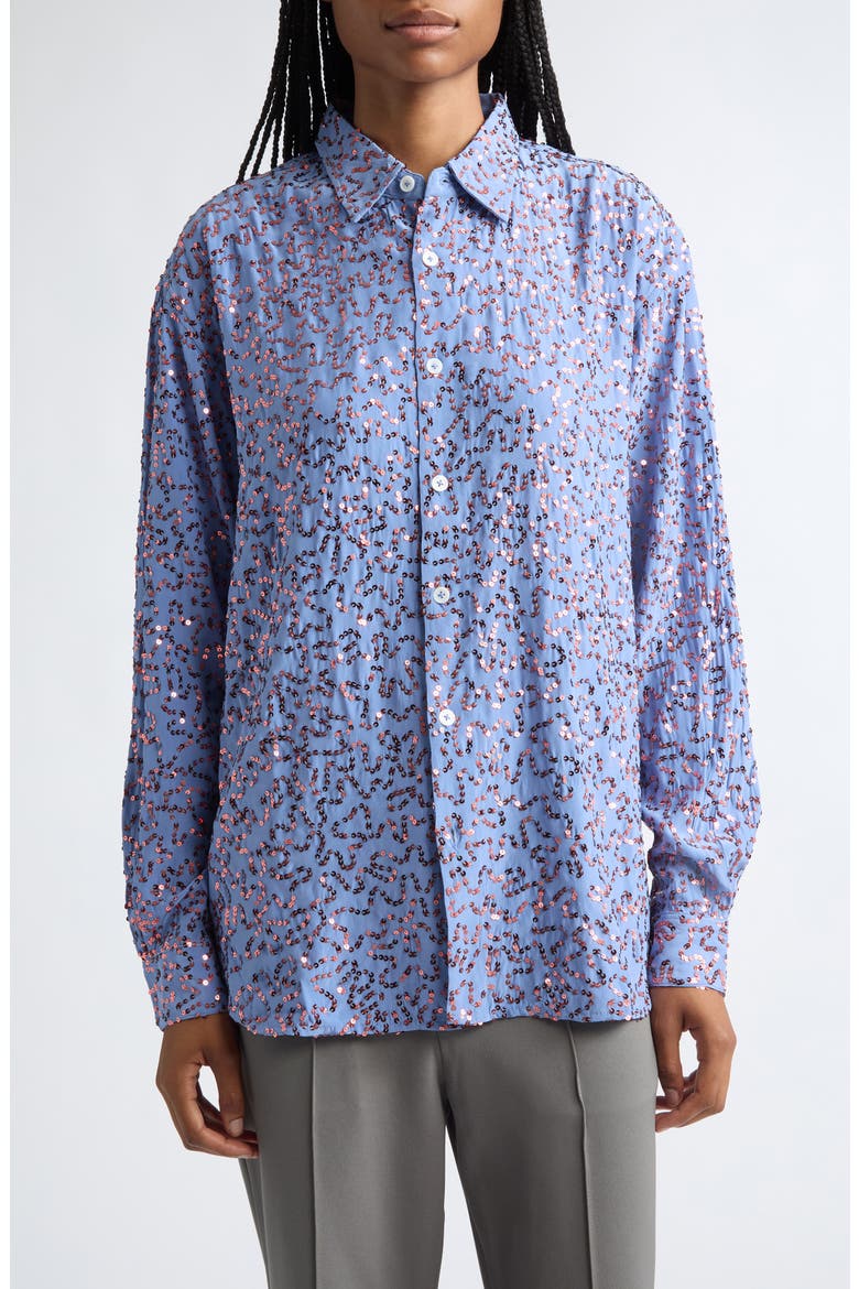 Antonia Sequin Embellished Silk Button-Up Shirt, Main, color, AQUAMARINE