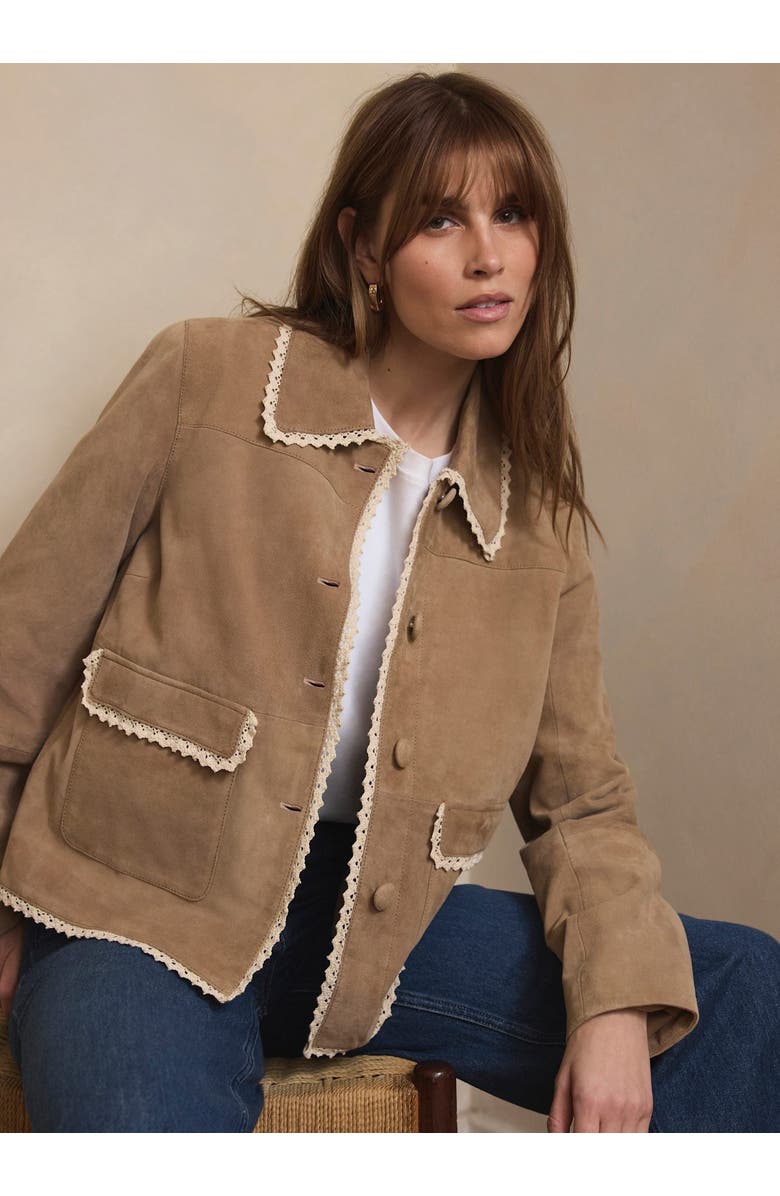 MINT VELVET Suede Crochet Trim Jacket, Alternate, color, Neutral