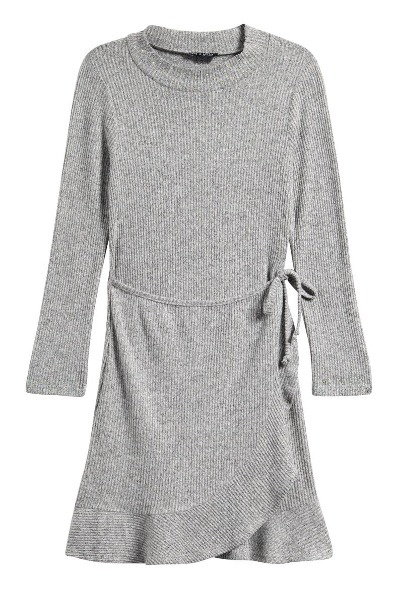 Kids' Ribbed Long Sleeve Faux Wrap Dress, Main, color, GREY