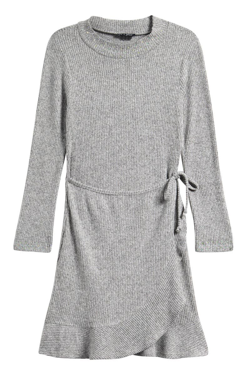 Ava & Yelly Kids' Ribbed Long Sleeve Faux Wrap Dress, Main, color, Grey