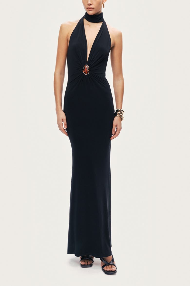 Halter-Neck Draped Maxi Dress, Main, color, Black