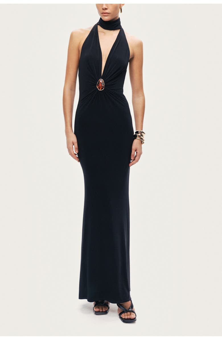 Nocturne Halter-Neck Draped Maxi Dress, Main, color, Black