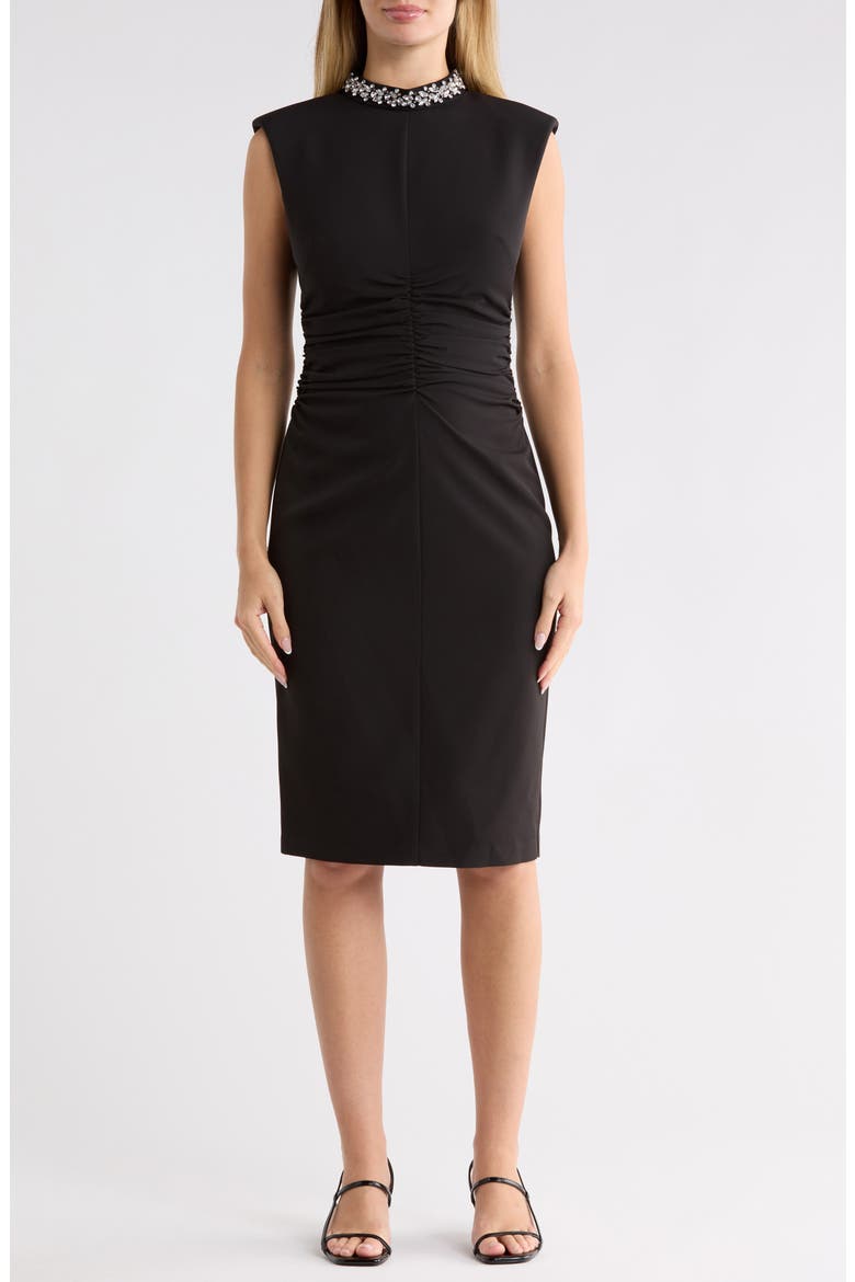 Crystal Embellished Mock Neck Ruched Sheath Dress, Main, color, BLK
