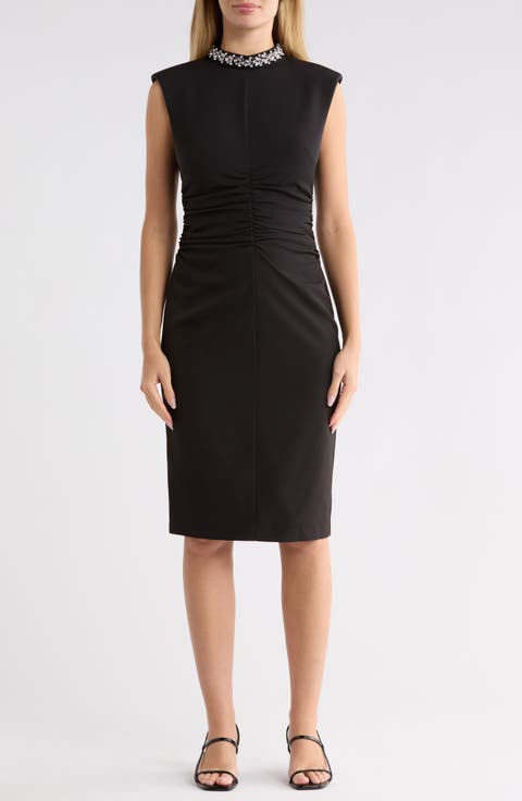Crystal Embellished Mock Neck Ruched Sheath Dress