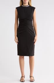 Eliza J Crystal Embellished Mock Neck Ruched Sheath Dress