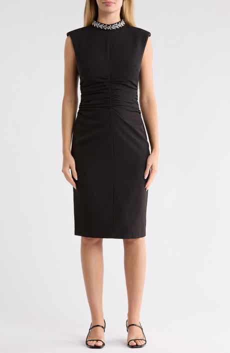 Crystal Embellished Mock Neck Ruched Sheath Dress