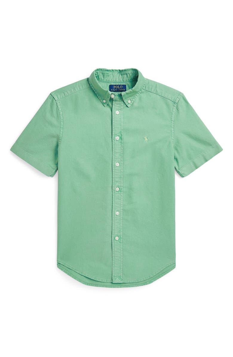 Polo Ralph Lauren Kids' Solid Green Short Sleeve Cotton Button-Down Oxford Shirt, Main, color, 