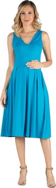 24seven Comfort Apparel Maternity Fit and Flare Sleeveless Midi Dress with Pockets