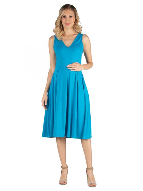 24seven Comfort Apparel Fit And Flare Sleeveless Maternity Midi Dress With Pockets In Blue