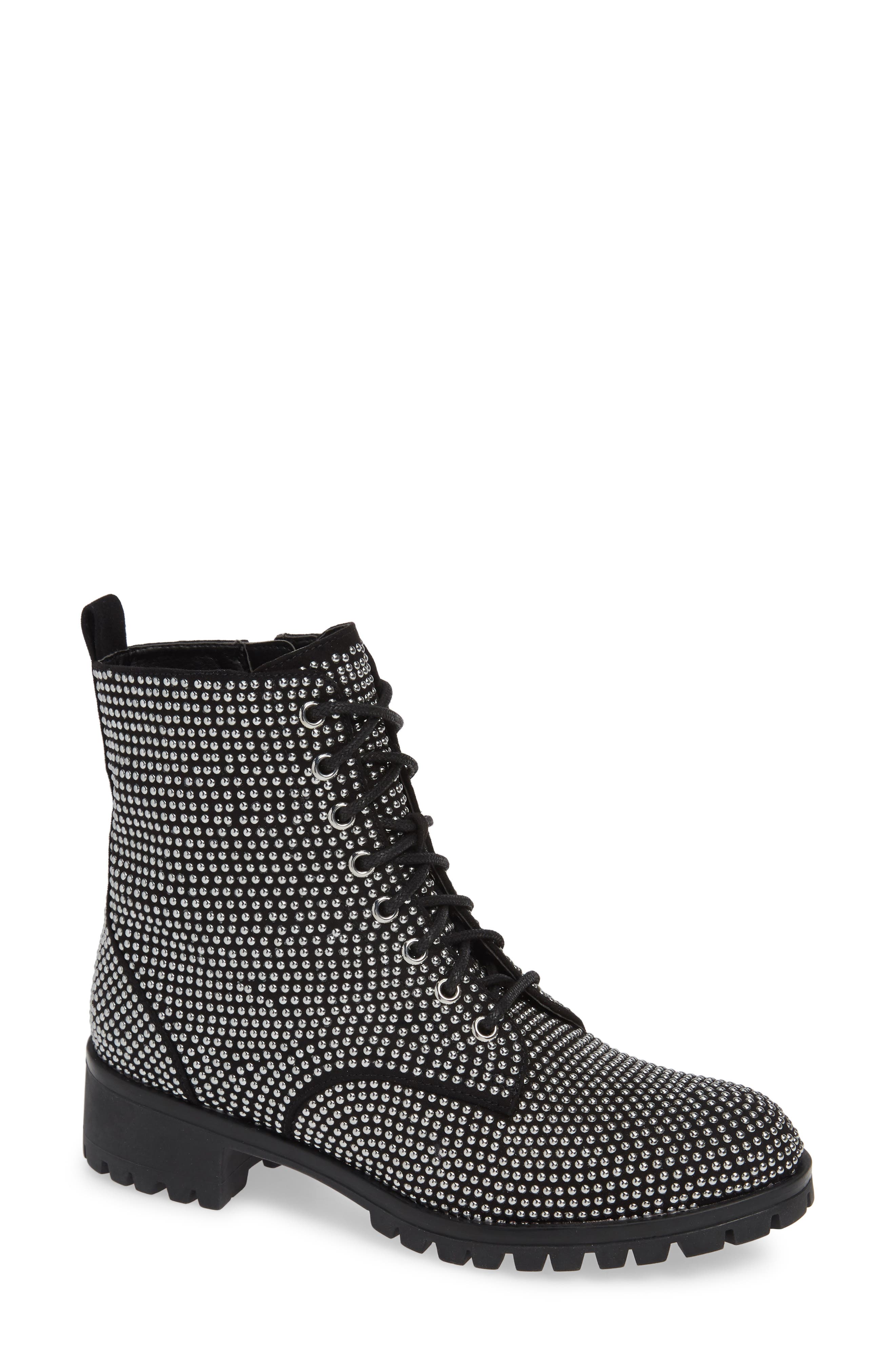Remi Zip Combat Bootie, Main, color, BLACK STUDDED FABRIC