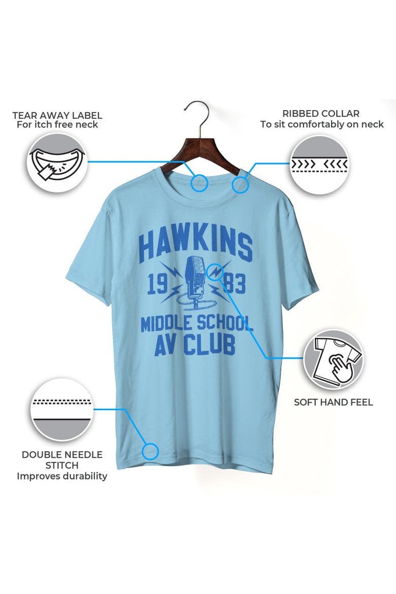 Netflix Men's Stranger Things Hawkins AV Club 1983 Graphic T-Shirt, Alternate, color, Light Blue