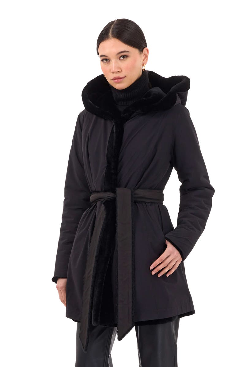 GORSKI Shearling Lamb Hooded Stroller, Reversible To Taffeta, Belt, Alternate, color, Black/Black