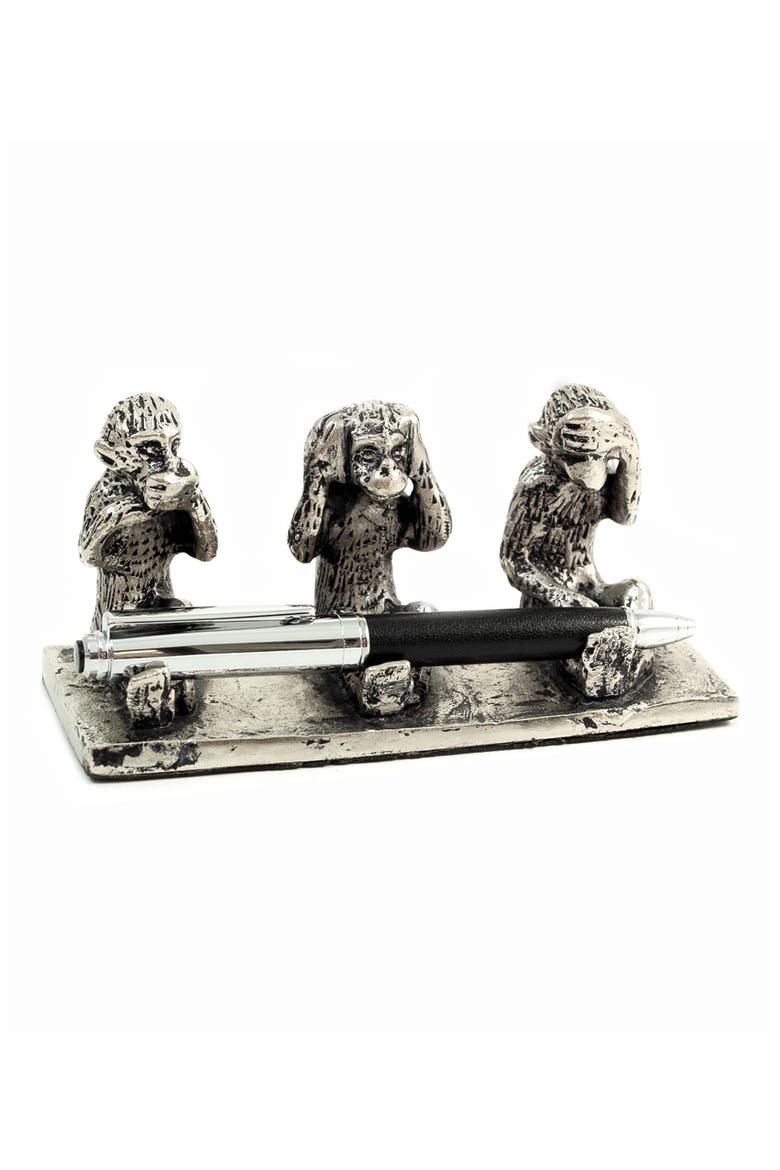 Three Wise Monkeys Pen Stand, Alternate, color, SILVER
