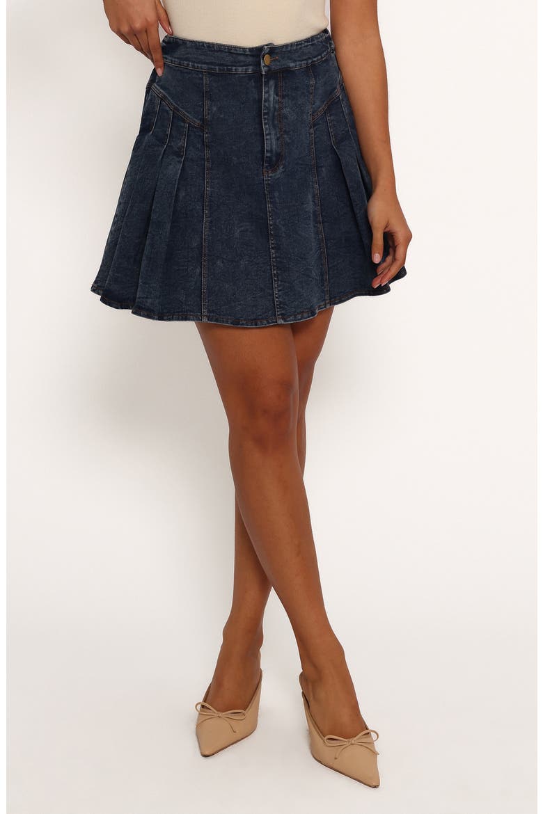 Alek Pleated Denim Miniskirt, Main, color, MID WASH DENIM