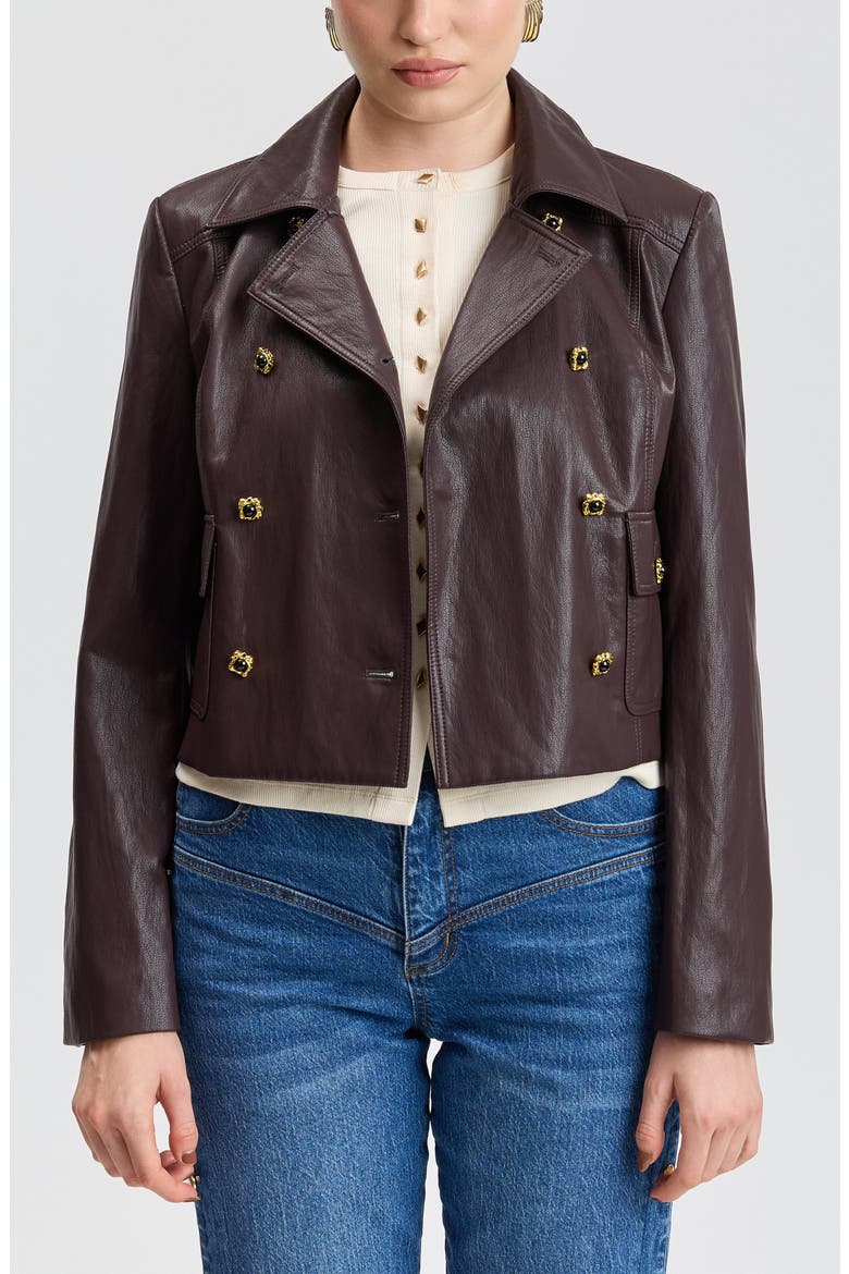 Double Breasted Cropped Faux Leather Jacket, Alternate, color, RAISIN
