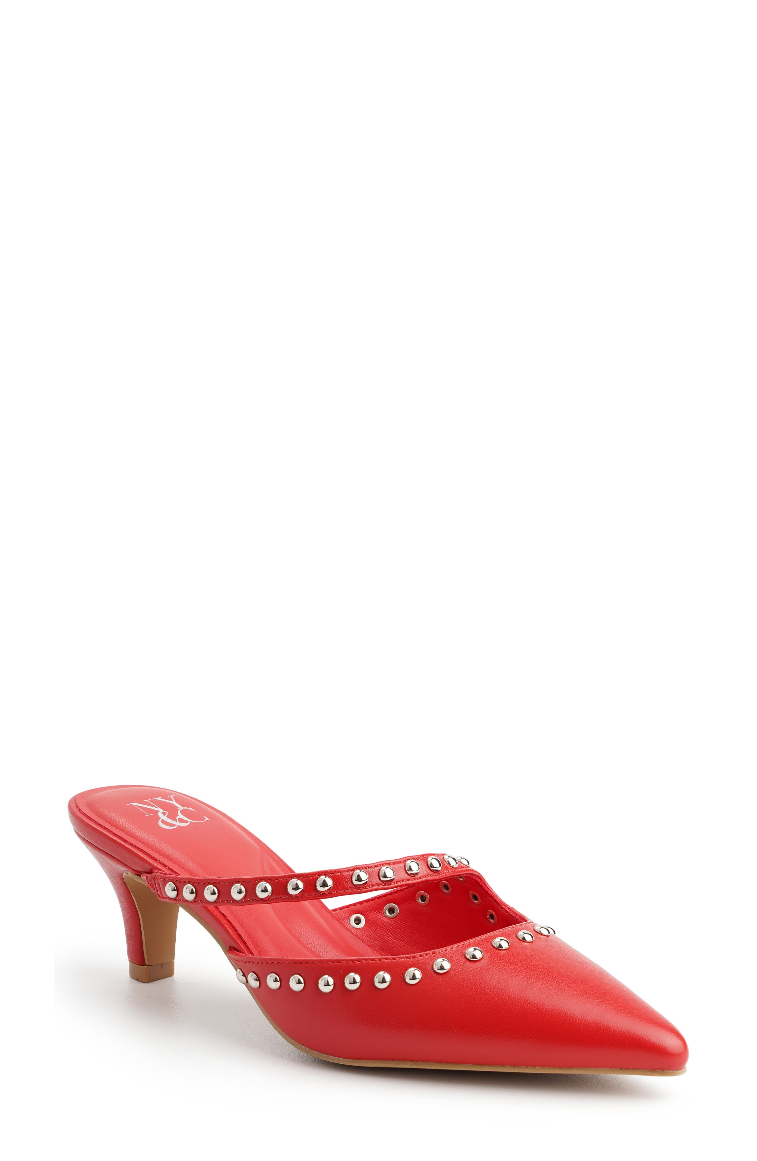 Natalie Studded Faux Leather Heeled Mule, Main, color, RED