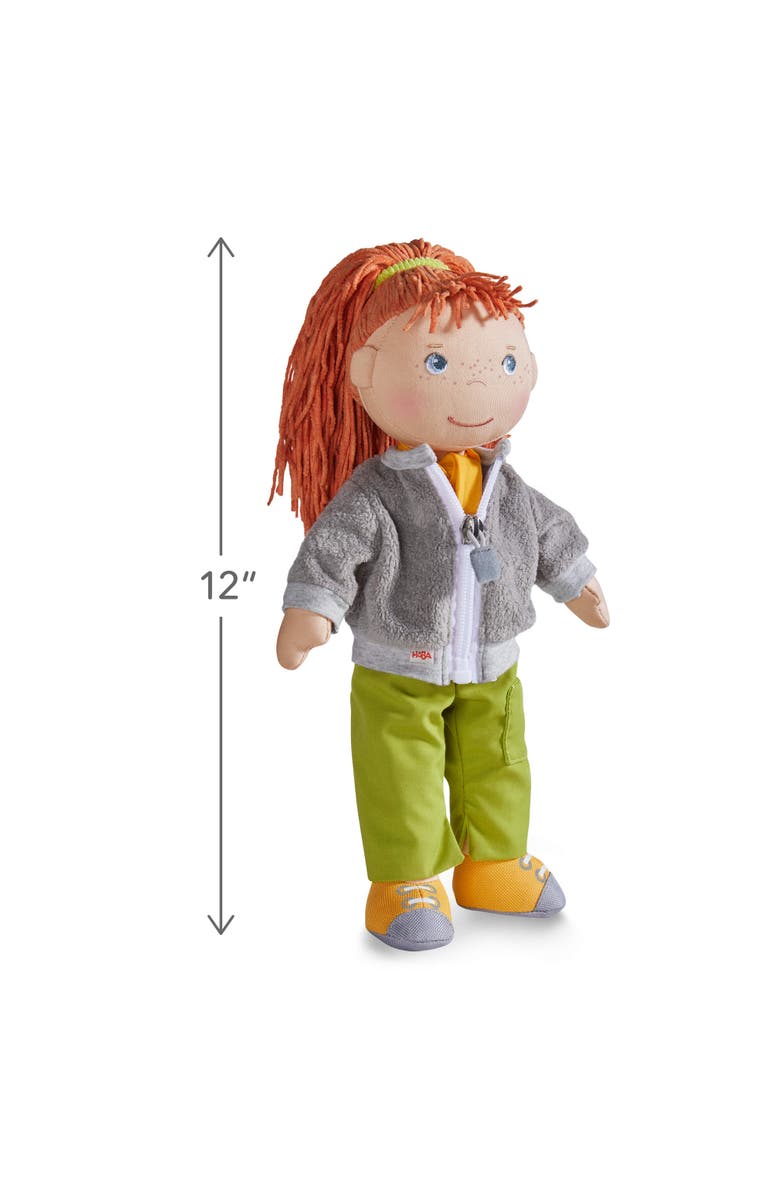 HABA 12" Soft Doll Soley with Red Hair and Embroidered Face, Machine Washable Baby Doll with Clothes and Baby Dolls for 18 months and up, Alternate, color, Green Multi