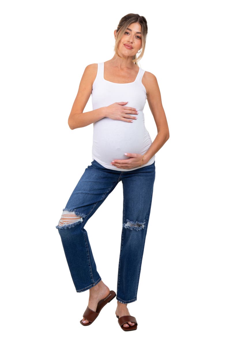 PinkBlush Distressed Open Knee Cropped Maternity Straight Leg Jeans, Alternate, color, Navy Blue