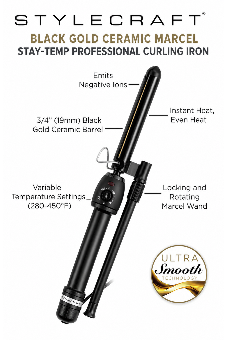 Stay-Temp Black Gold Marcel Curling Iron, Alternate, color, Black