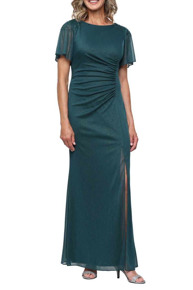 Sparkle Embellished Shoulder Gown, Main, color, PINE