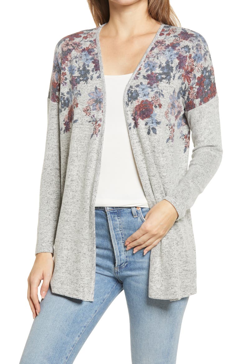 Open Front Cardigan, Main, color, GREY FADED FLORAL