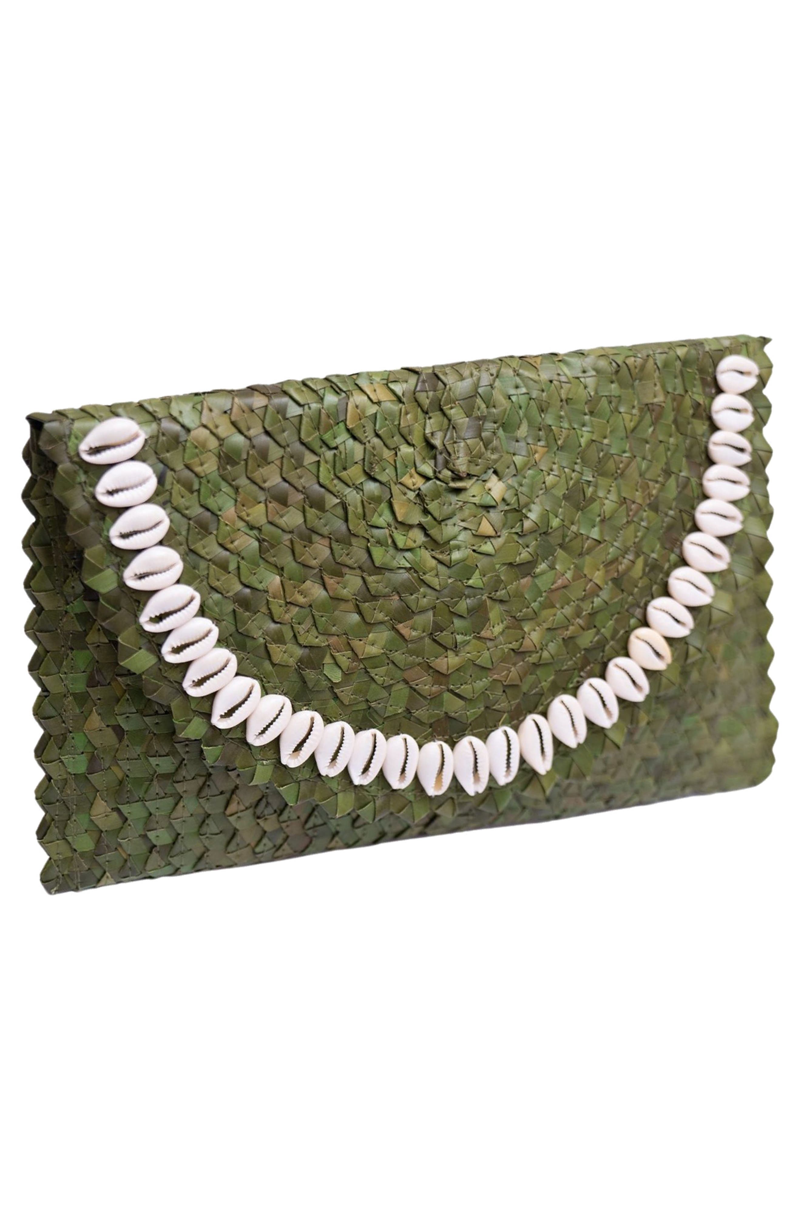 Jelavu Coco Seashell Trim Handwoven Raffia Clutch, Alternate, color, Moss Green