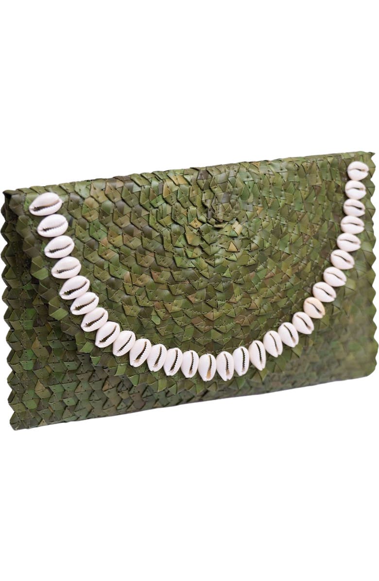 Jelavu Coco Seashell Trim Handwoven Raffia Clutch, Alternate, color, Moss Green