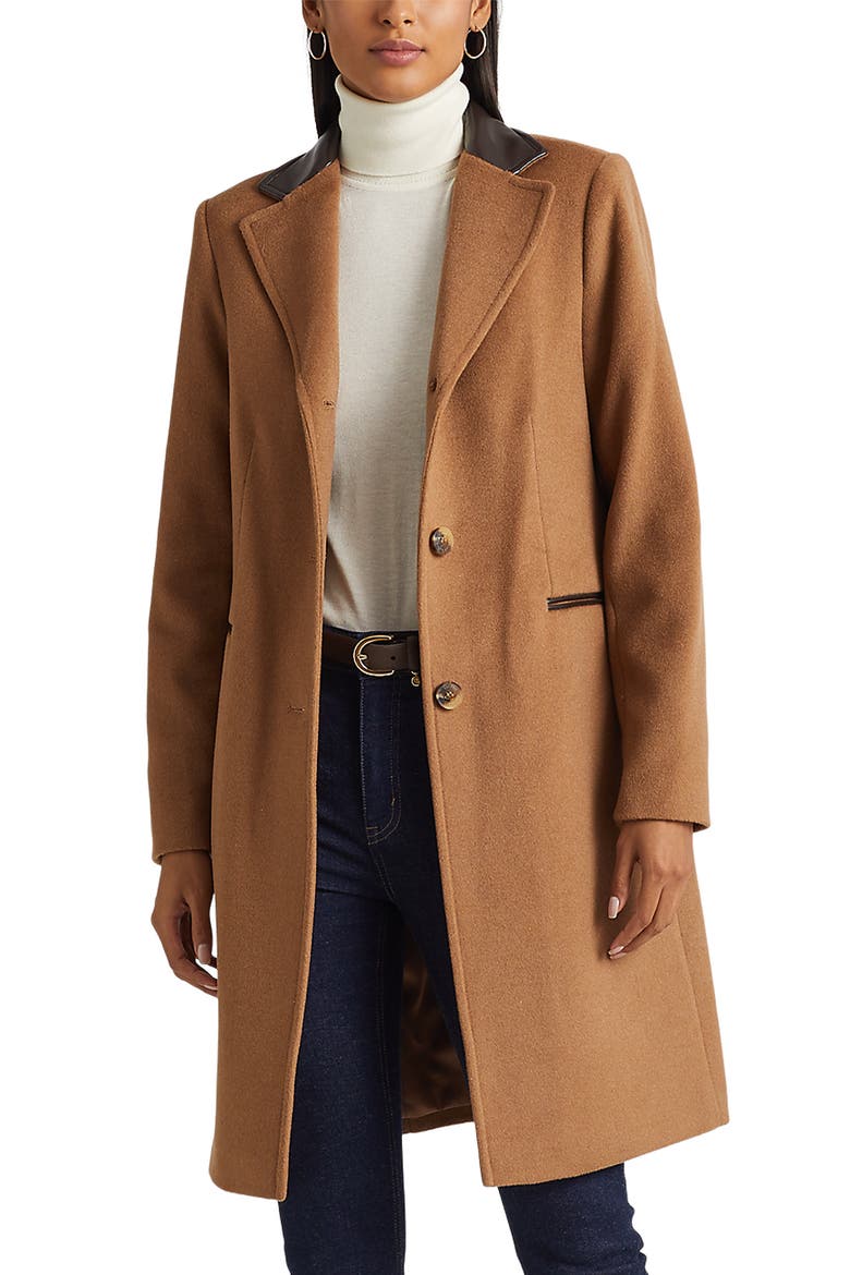 Faux Leather Trim Wool Blend Coat, Main, color, NEW VICUNA