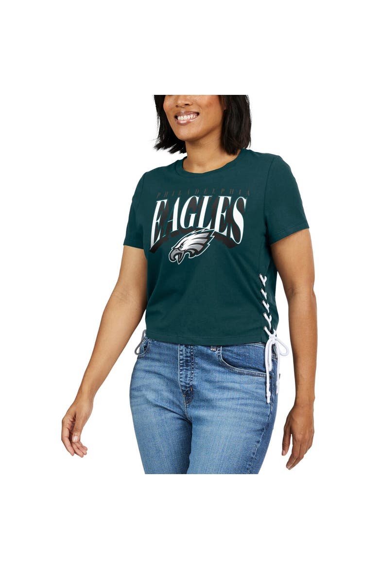 Women's WEAR by Erin Andrews Midnight Green Philadelphia Eagles Lace Up Side Modest Cropped T-Shirt, Alternate, color, Green