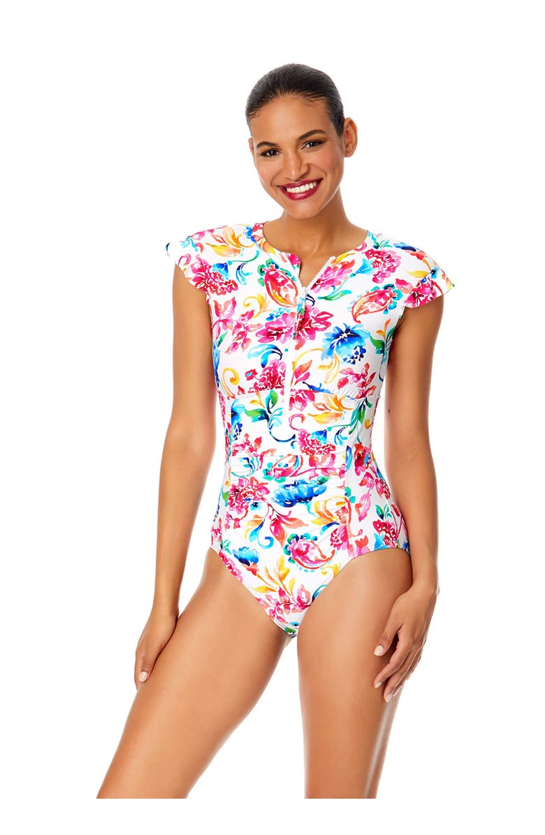 Anne Cole Women's Riviera Floral Flutter Sleeve Zip Up Rash Guard One Piece Swimsuit, Main, color, Watercolor Paisley