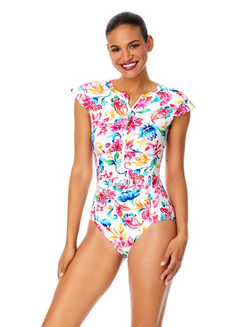 Women's Riviera Floral Flutter Sleeve Zip Up Rash Guard One Piece Swimsuit