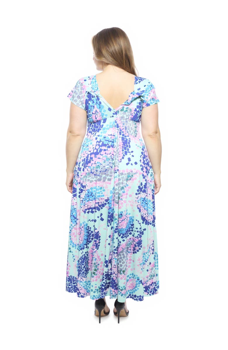 24seven Comfort Apparel Curvy Essential V-Neck Empire Waist Cap Sleeve Maxi Dress, Alternate, color, Blue Multi