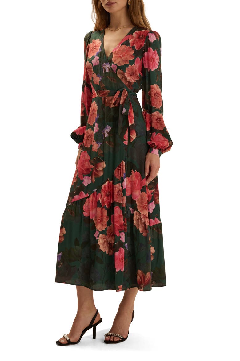 The Love Letter Floral Long Sleeve Wrap Midi Dress, Alternate, color, GEMSTONE FLORAL