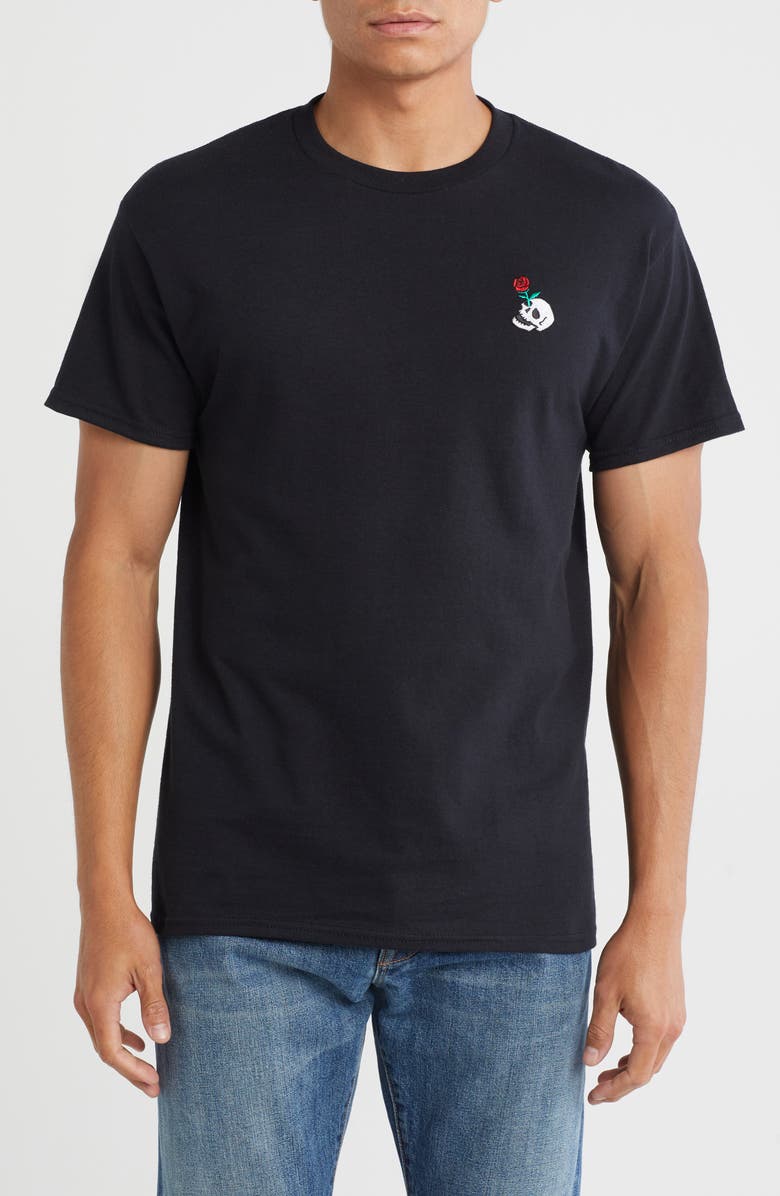 RIOT SOCIETY Skull Rose Embroidery Cotton T-Shirt, Main, color, 