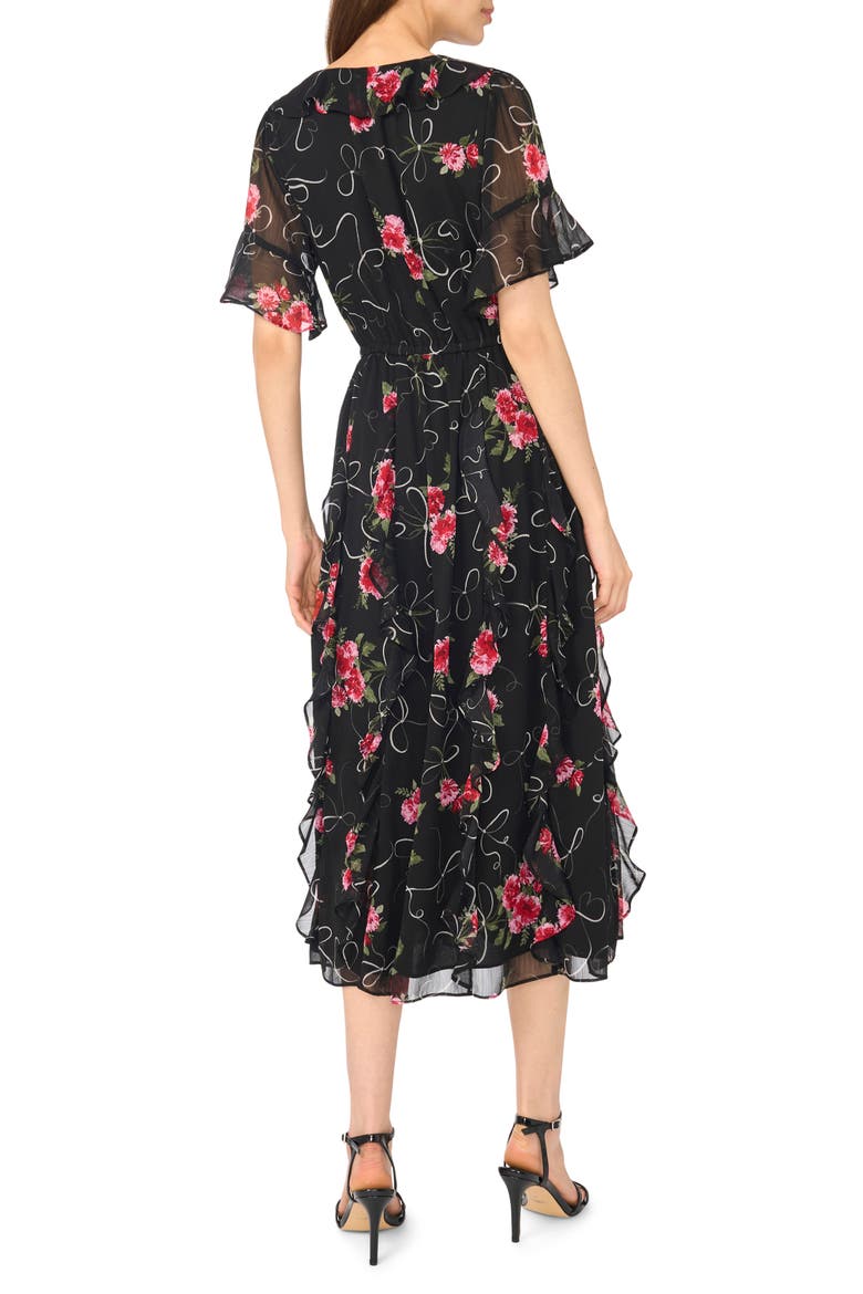 Flutter Sleeve V-Neck Midi Dress, Alternate, color, RICH BLACK
