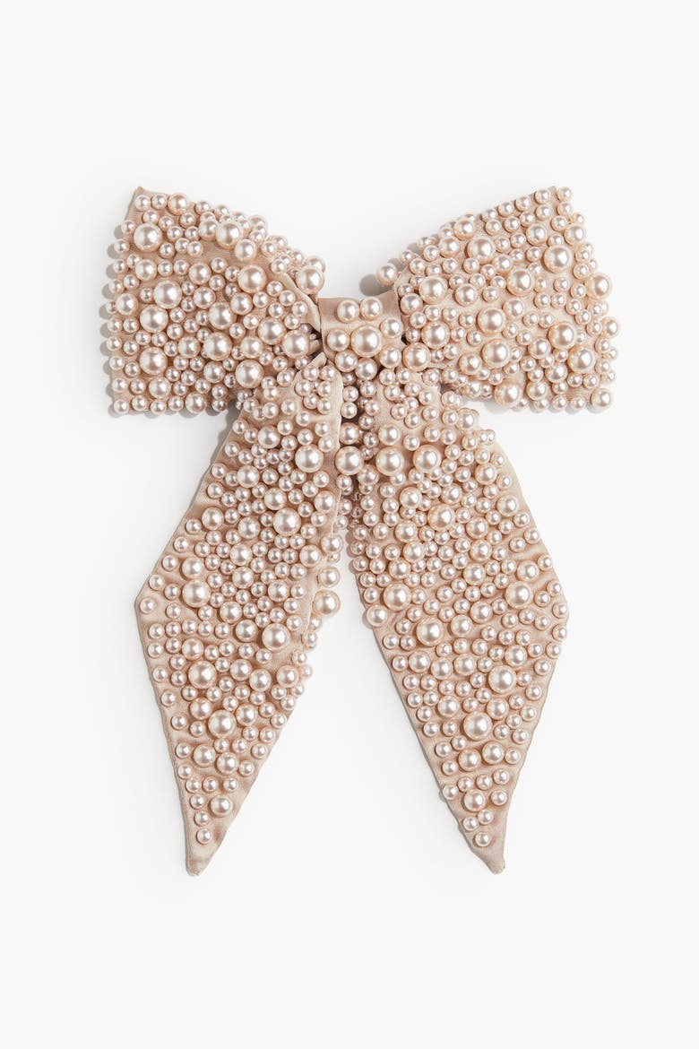 Bow-decorated Hair Clip, Main, color, Beige