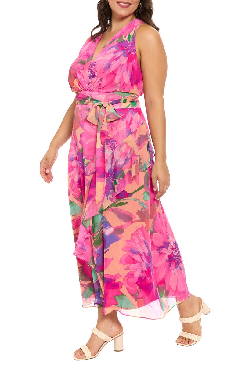 London Times Tie Waist Maxi Dress, Alternate, color, Peach/ Pink