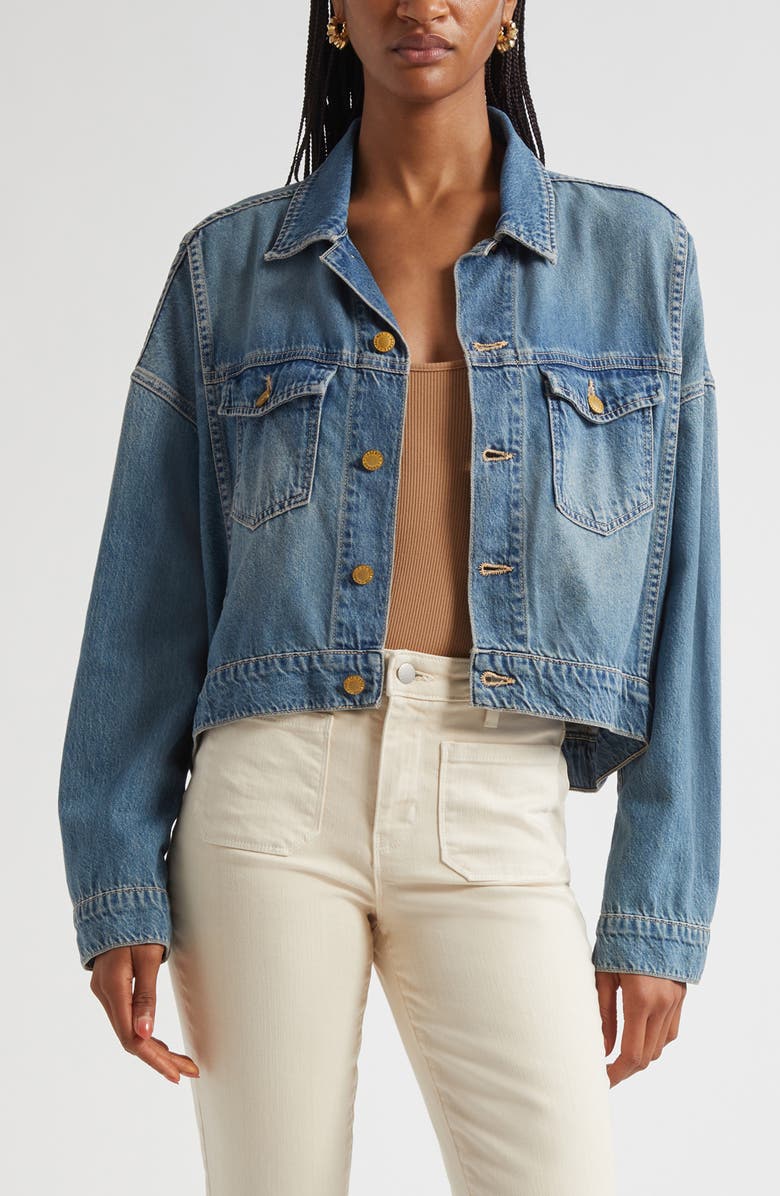 L'AGENCE Vianney High-Low Crop Denim Jacket, Main, color, Fargo