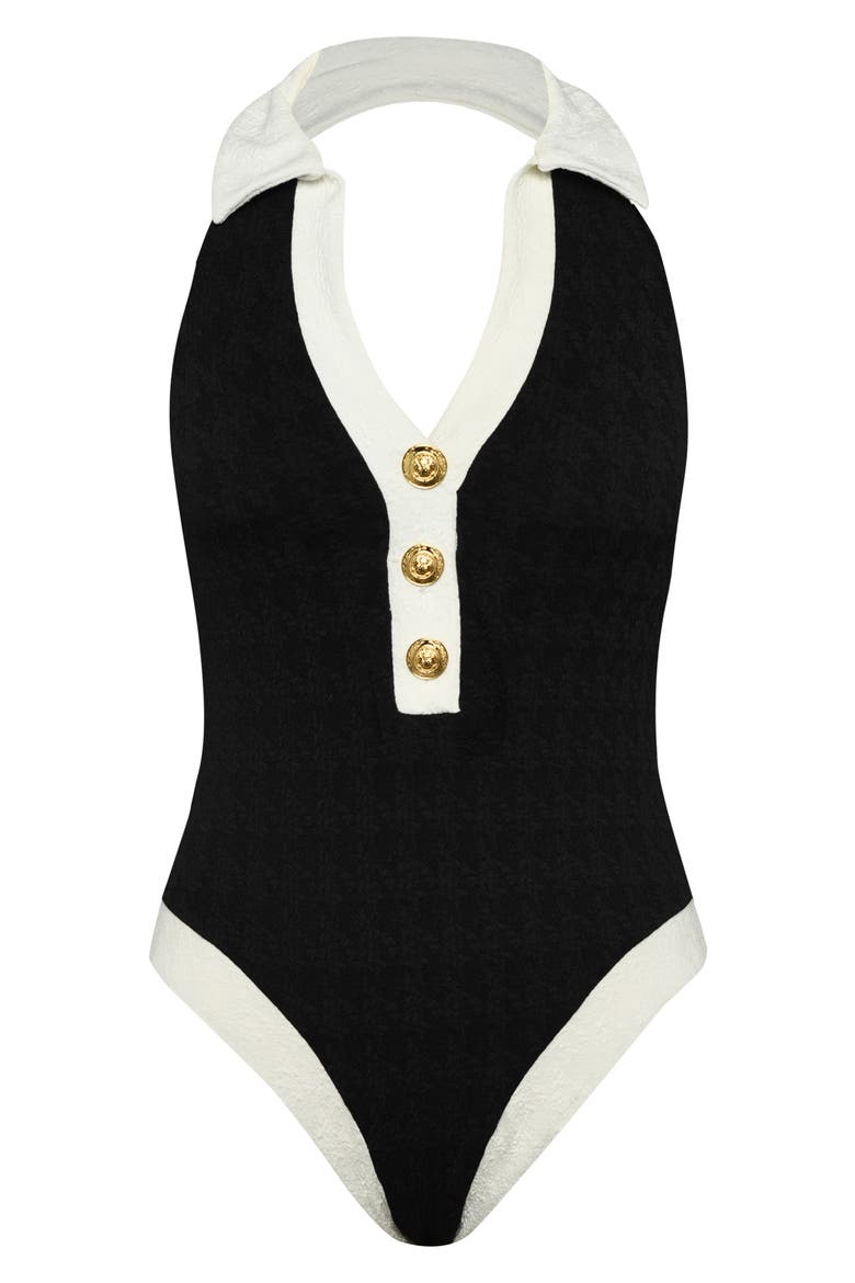 Natalya Colorblock Halter One-Piece Swimsuit, Alternate, color, BLACK