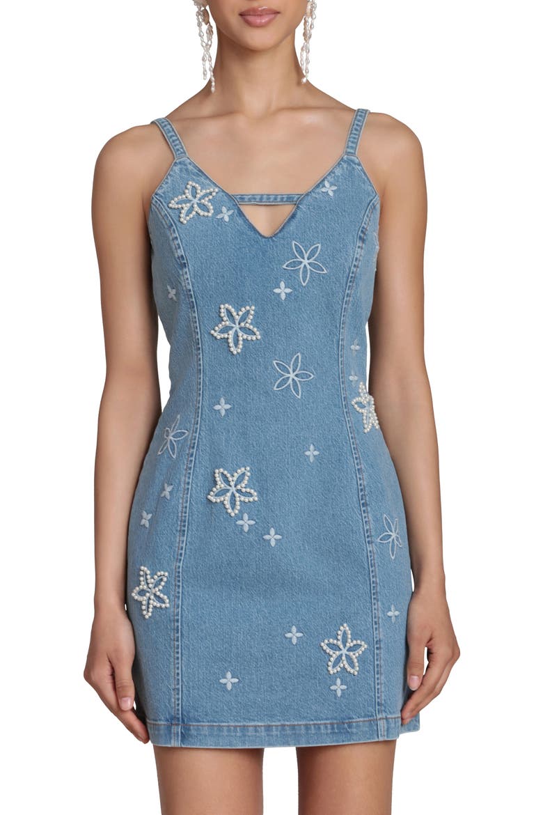 Faux Pearl Floral Detail Denim Dress, Alternate, color, FLEUR STAMP/ NIKKI WASH