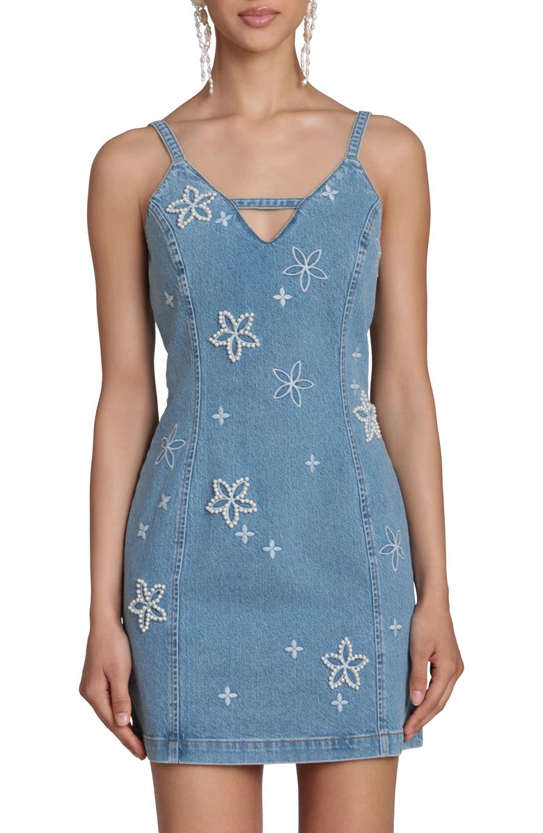 Avec Les Filles Faux Pearl Floral Detail Denim Dress, Alternate, color, Fleur Stamp/ Nikki Wash
