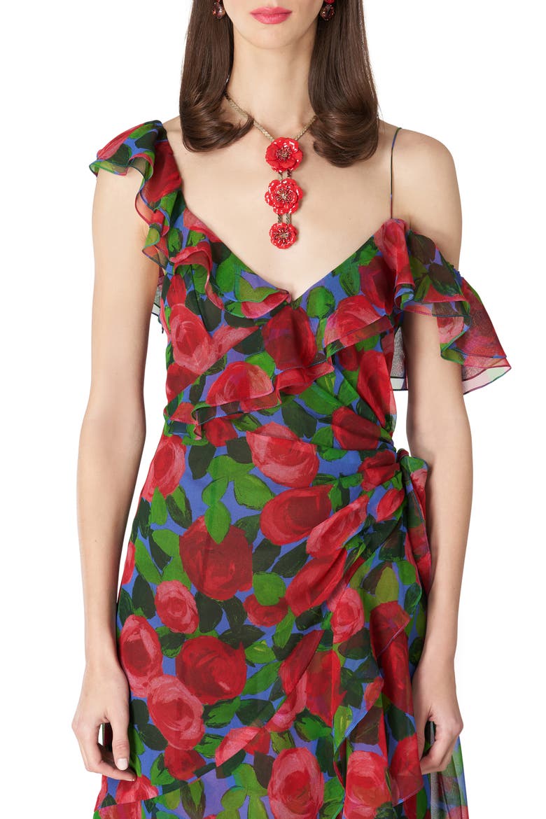 Rose Print Ruffle One Shoulder Silk Gown, Alternate, color, RED MULTI COLOR