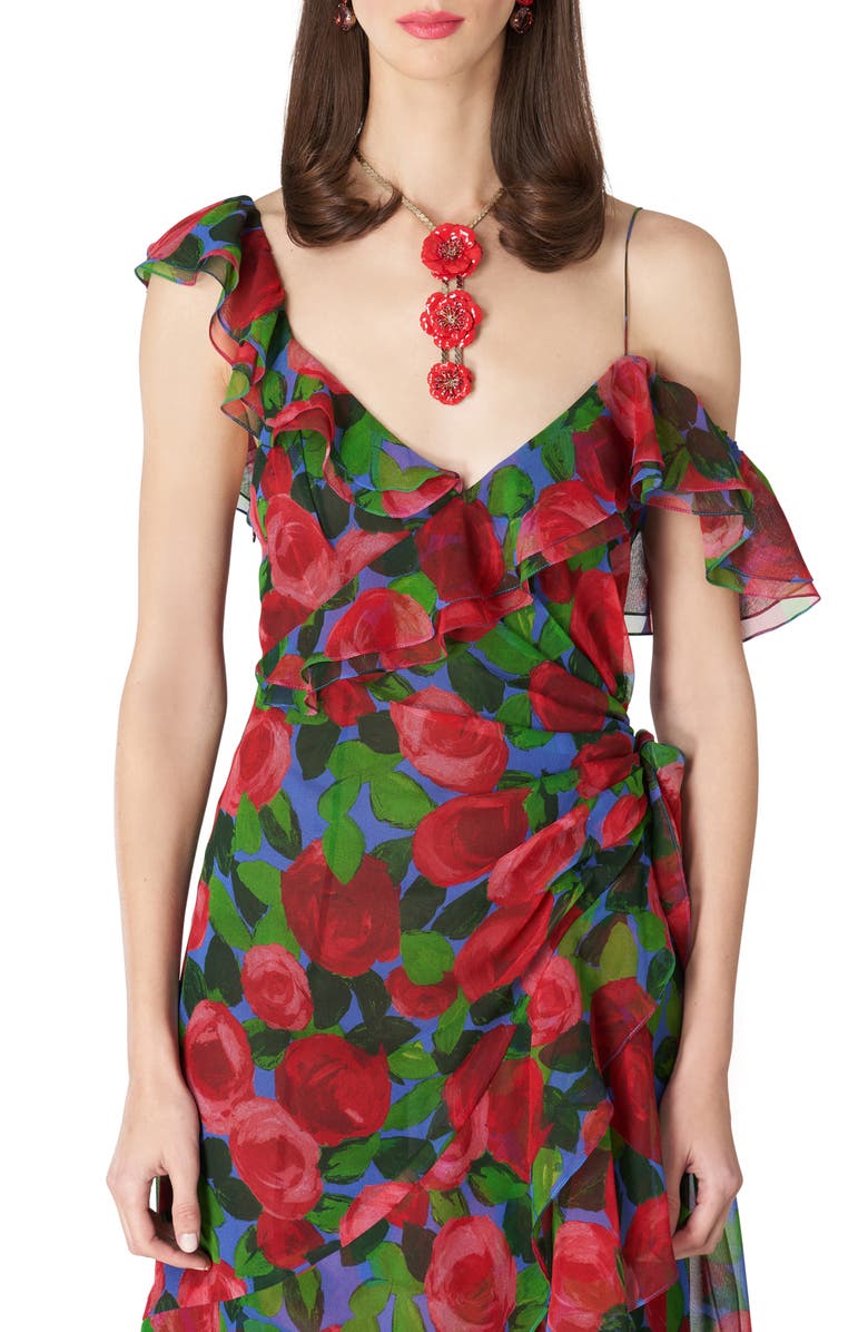 Carolina Herrera Rose Print Ruffle One Shoulder Silk Gown, Alternate, color,