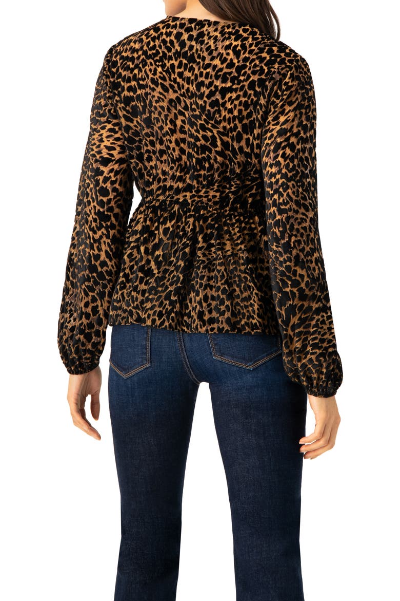 V-Neck Animal Print Blouse With Velvet Flock, Alternate, color, Black