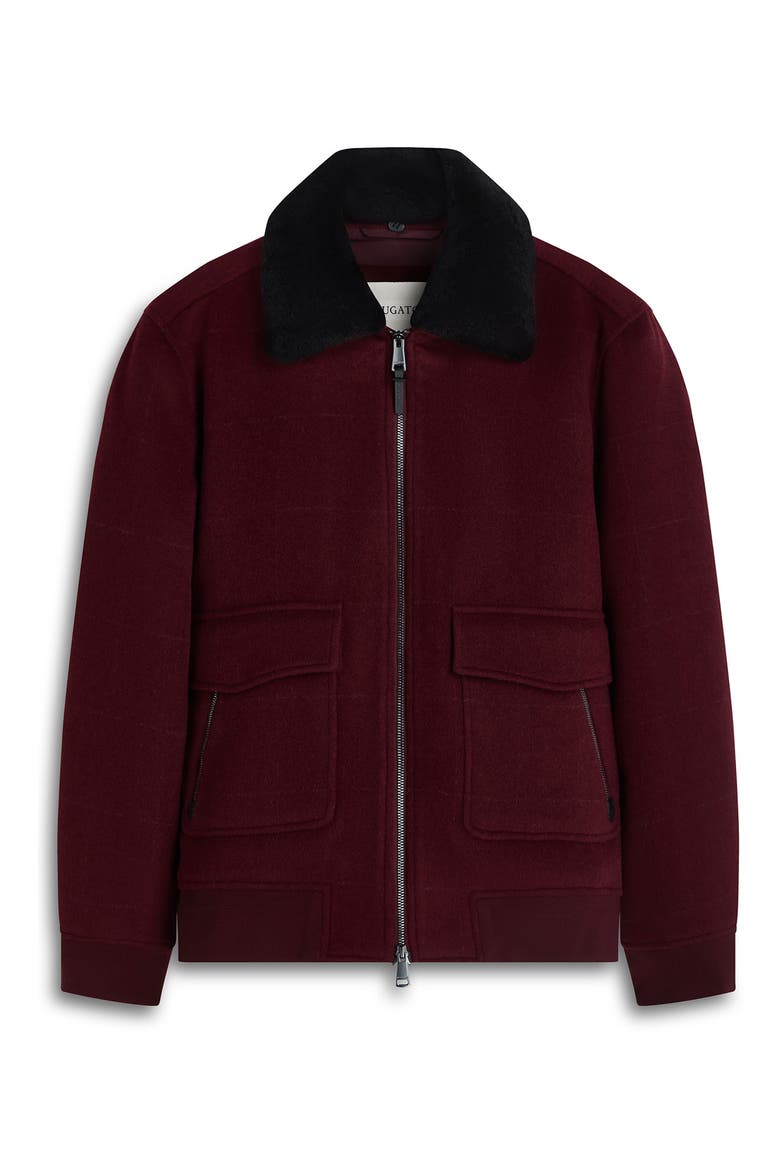 Wool Blend Bomber Jacket with Detachable Genuine Shearling Collar, Alternate, color, BURGUNDY