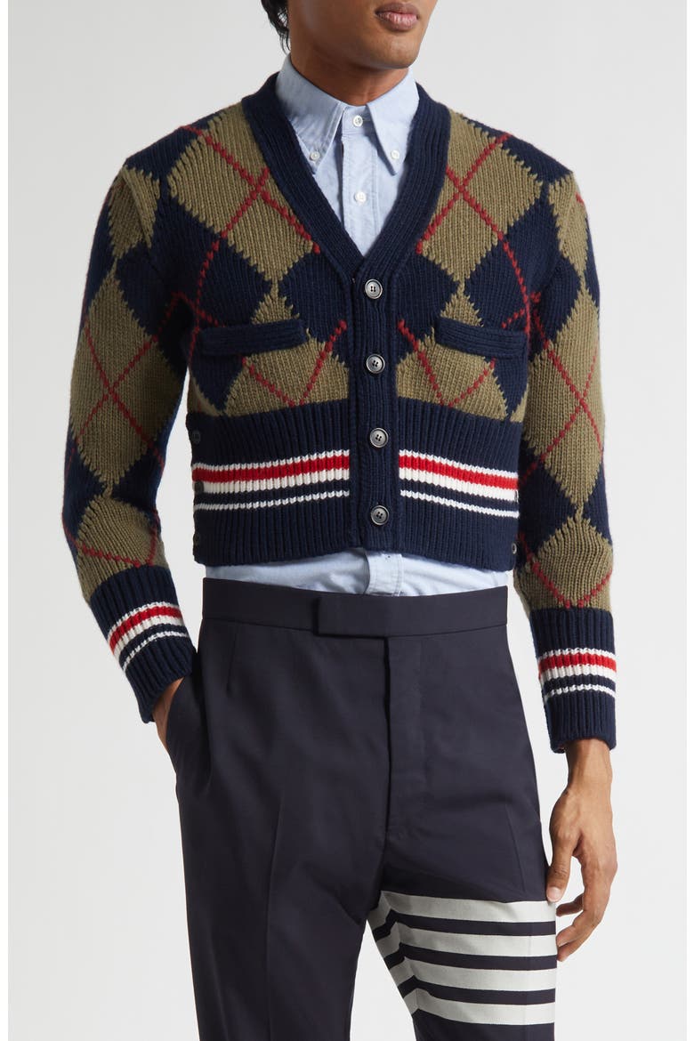 Argyle Intarsia Shrunken Virgin Wool Blend Cardigan, Main, color, NAVY